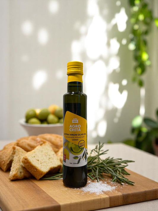 Flaske med ekstra jomfru oliven olie med lemon fra Kreta på 250 ml