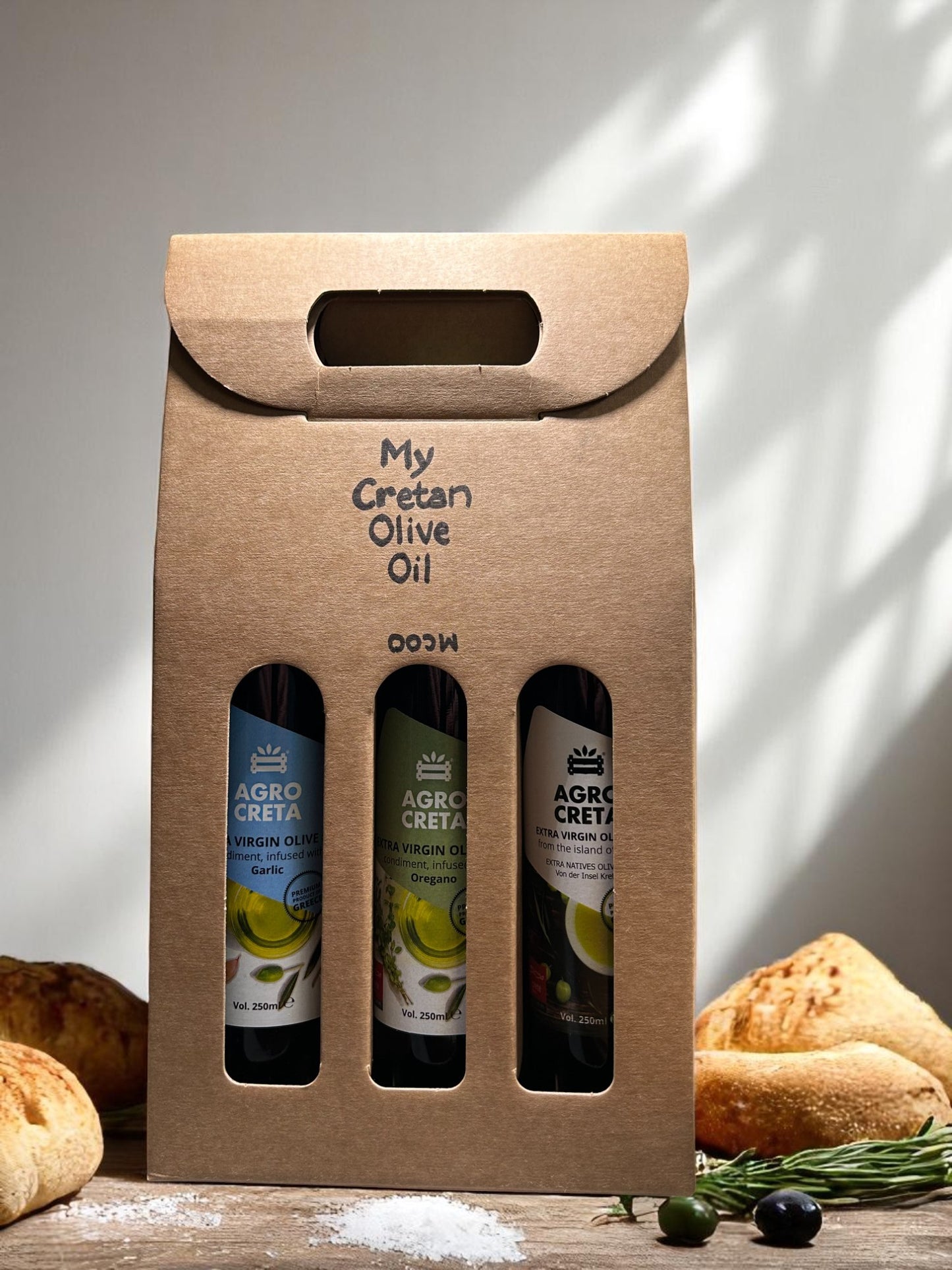 Gaveæske med 3 stk ekstra jomfru oliven olie fra Kreta på 250ml